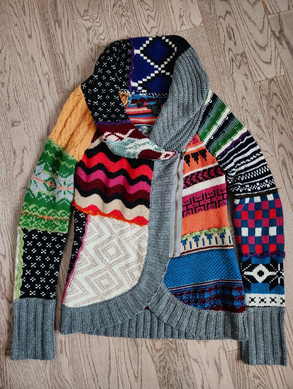 Desigual patchwork knit zip cardigan sweater Size Large